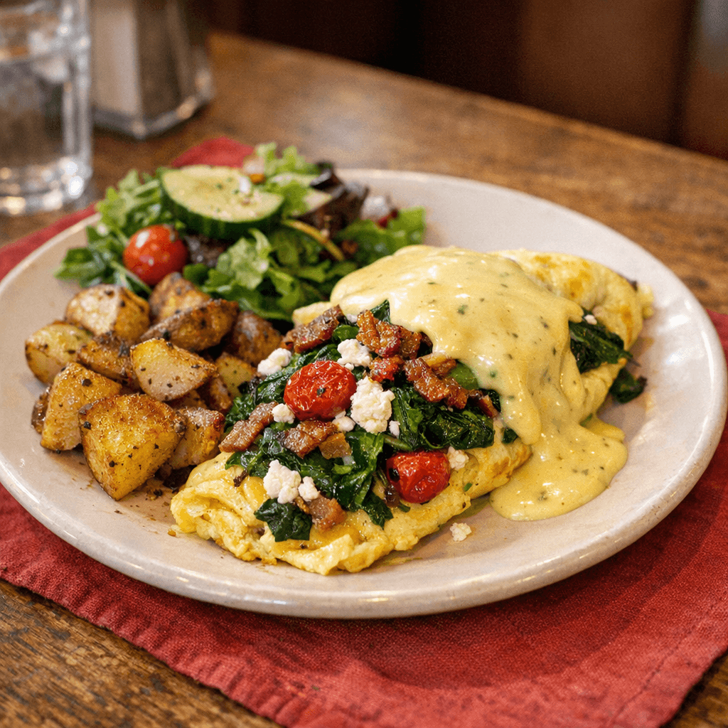 Omelette Spinach Roasted Tomato Goat Cheese & Bacon